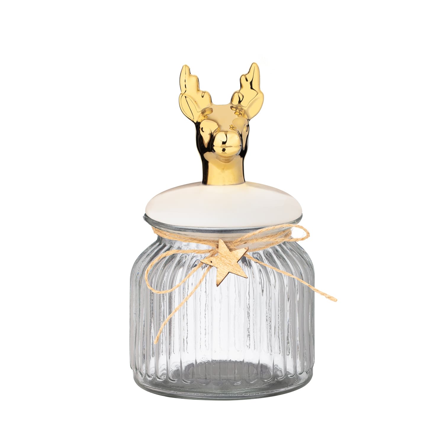glass cookie jar with decorative deer